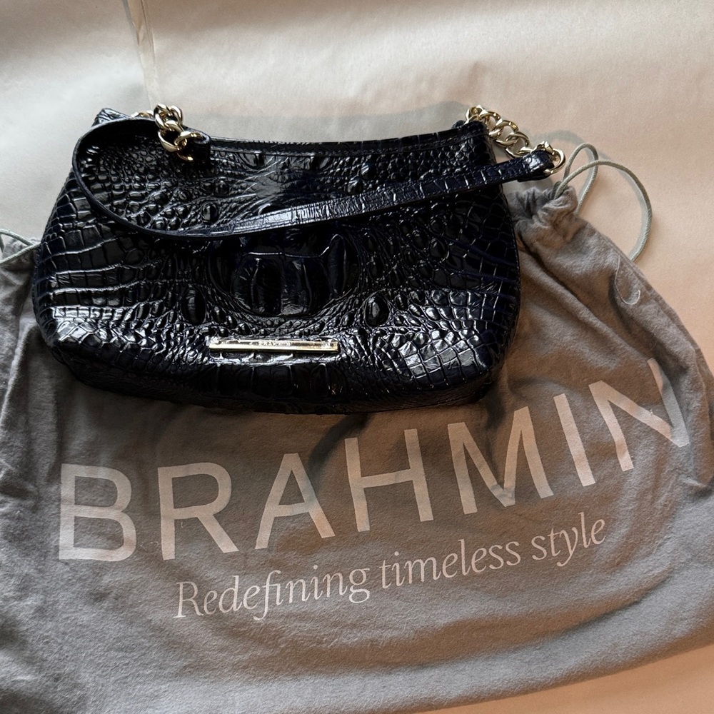 Brahmin Navy Croc-Embossed Shoulder Bag with Gold Hardware